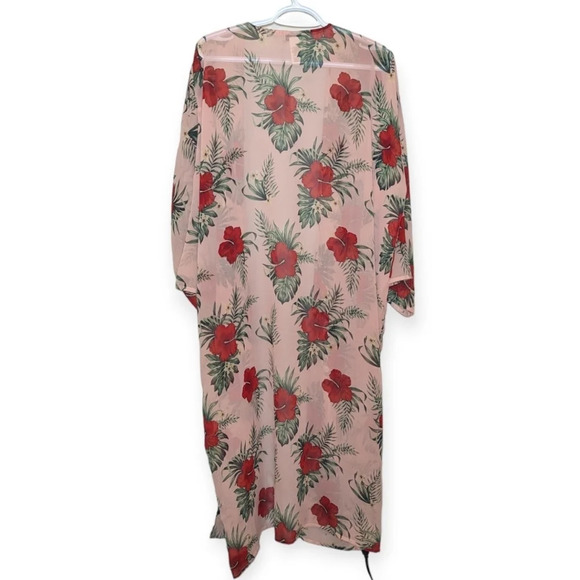 Guess OS Hibiscus Floral Pink & Red Sheer Long Kimono - One Size Cover Up - Picture 2 of 5